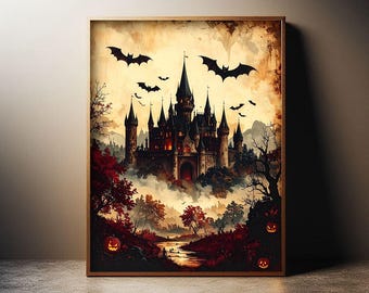 May include: A framed print depicting a gothic castle scene with bats in flight. The artwork has a vintage aesthetic, with a colour palette of black, red, and orange. Pumpkins are visible in the foreground, creating a Halloween theme.