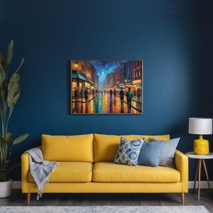 Rainy City Street Oil Painting Print, Vibrant Urban Night Scene Wall ...
