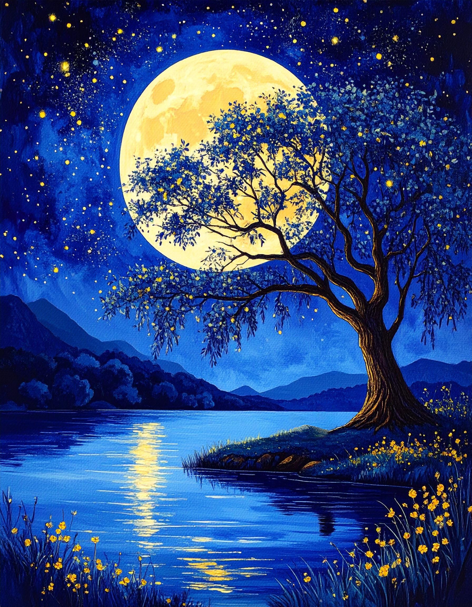 Full Moon Landscape Wall Art, Night Sky Tree Painting Digital