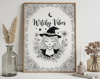 Vintage Witchy Vibes Digital Print, Witchy Hallowen Wall Art Print, Witch Wall Poster, Witchy Illustration, Witch Wall Decor, Mystical Witch