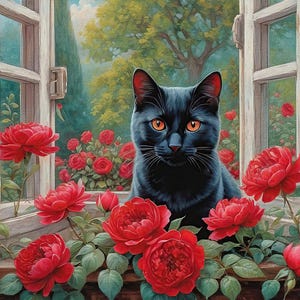 Black Cat in Rose Garden Window Art, Red Roses Floral Digital Painting, Cozy Cottagecore Wall Print, Instant Download, Window cat print