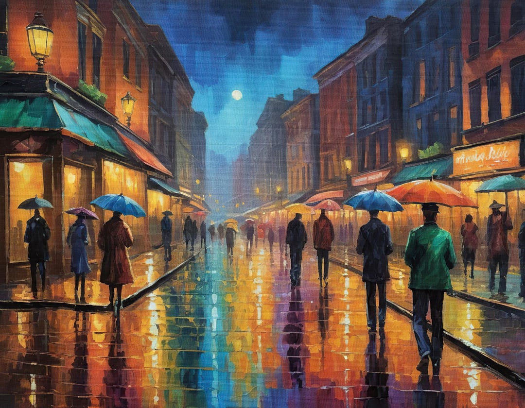 Rainy City Street Oil Painting Print, Vibrant Urban Night Scene Wall ...