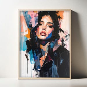 Abstracte vrouw portret kunst aan de muur, modern digitaal olieverfschilderij, kleurrijk vrouwelijk gezicht kunstwerk, hedendaagse canvasprint voor woondecoratie