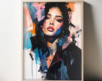 Abstract Woman Portrait Wall Art, Modern Digital Oil Painting, Colorful Female Face Artwork, Contemporary Canvas Print for Home Decor