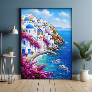 Santorini Greece Wall Art, Mediterranean Coastal Landscape Print, Blue Dome Architecture Painting, Summer Seaside Decor, Digital Download