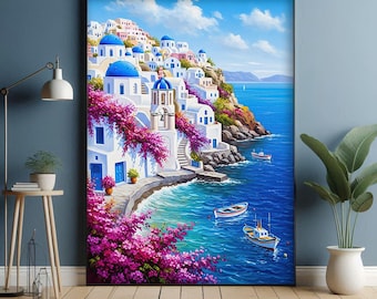 Santorini Greece Wall Art, Mediterranean Coastal Landscape Print, Blue Dome Architecture Painting, Summer Seaside Decor, Digital Download