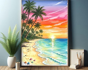 トロピカルビーチの夕日の絵画：ヤシの木の海のアート（デジタル