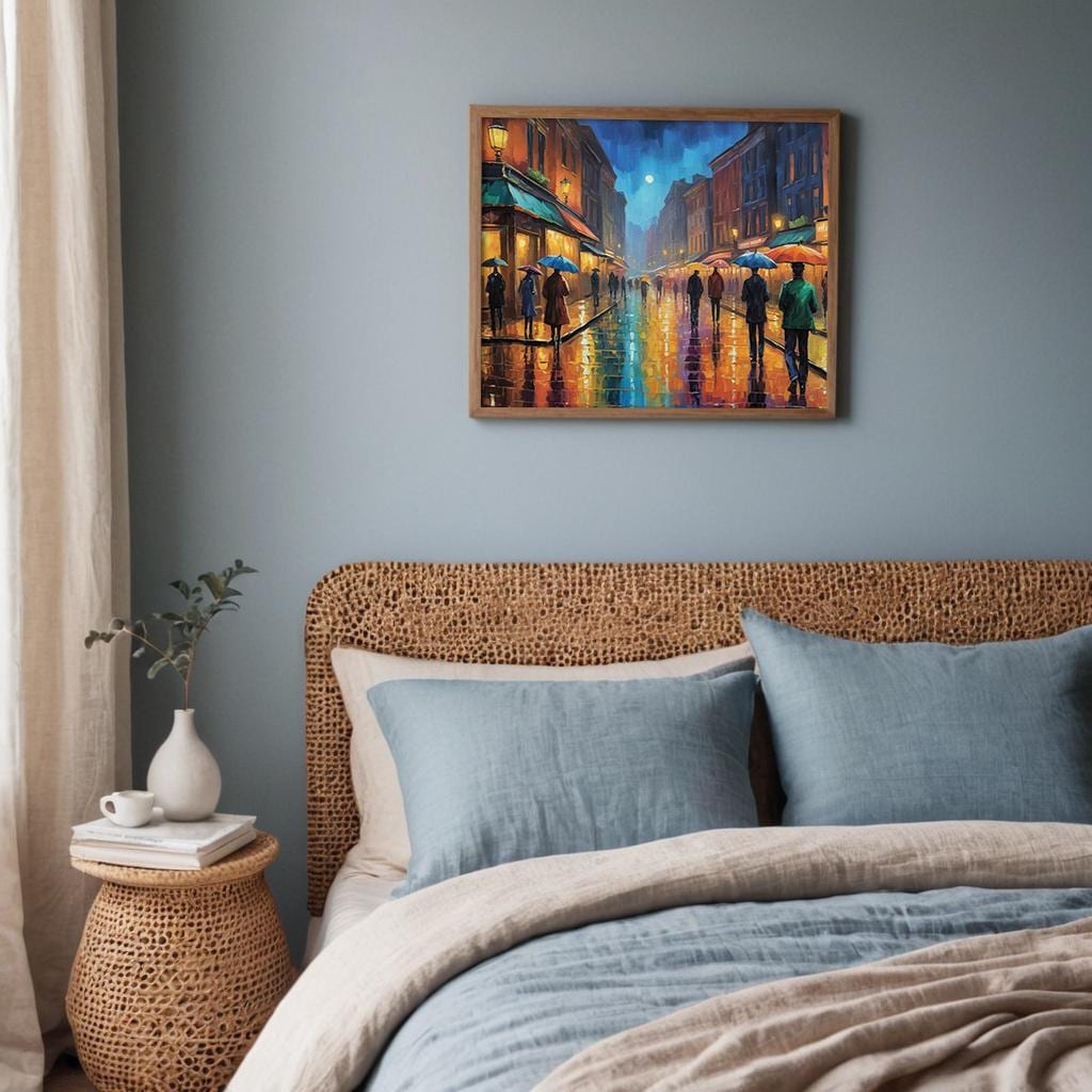 Rainy City Street Oil Painting Print, Vibrant Urban Night Scene Wall ...