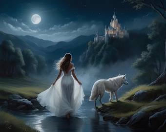 Fantasy Woman and Wolf Digital Art Print, Moonlight Castle Wall Decor, Mystical Princess Printable Poster, Romantic Landscape Illustration