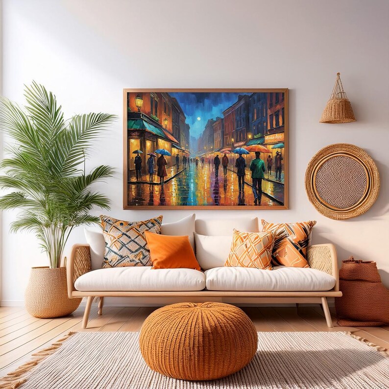 Rainy City Street Oil Painting Print, Vibrant Urban Night Scene Wall ...