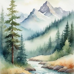 Può includere: Dipinto ad acquerello di un paesaggio montano. L'opera raffigura un fiume che scorre attraverso una foresta, con alti pini e una catena montuosa sullo sfondo. La tavolozza dei colori comprende sfumature di blu, verde e marrone.