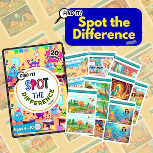 Peut inclure: Un ensemble de jeux de puzzle pour enfants. Le produit principal est une tablette avec le texte "FIND IT! SPOT THE DIFFERENCE" et "20 Puzzles". Plusieurs feuilles de puzzle imprimées sont affichées, chacune avec des illustrations colorées. Pour les enfants de 6 à 10 ans.
