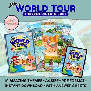 May include: A collection of "Find It! World Tour" hidden object books and a tablet. The books and tablet feature colorful illustrations of world landmarks and scenes. Text includes "World Tour" and "A Hidden Objects Book". The image also states "10 Amazing Themes".