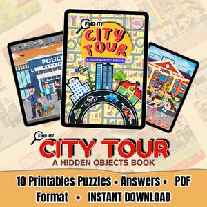 Peut inclure: Trois tablettes numériques affichant des illustrations colorées d'un livre d'objets cachés "City Tour". La tablette centrale présente une scène de ville avec des bâtiments, des routes et des véhicules. Le texte "Find It! City Tour" est bien visible.