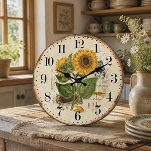 Peut inclure: Une horloge murale ronde au cadran crème orné d'une illustration de tournesol jaune, de chiffres arabes noirs et d'aiguilles en métal noir. Le fond présente une écriture manuscrite légère et une bordure au fini vieilli et patiné.