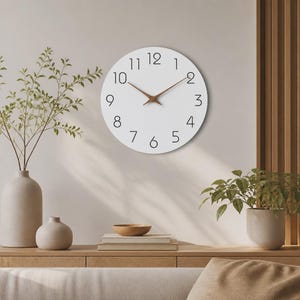 Può includere: Un orologio da parete circolare con quadrante bianco, numeri arabi neri da uno a dodici e due sottili lancette in legno marrone. L'orologio presenta un design pulito e semplice senza cornice, che mostra l'ora chiaramente sul fondo bianco.