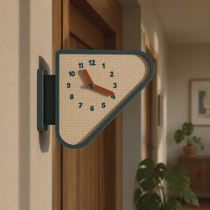 Pode incluir: Um relógio de parede com uma moldura triangular de cantos arredondados em azul escuro. O mostrador apresenta um padrão de grelha bege com números azul escuro de 1 a 12. Dois ponteiros grossos de cor vermelho-alaranjado indicam as horas.
