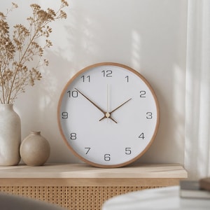 Può includere: Un orologio da parete rotondo con cornice in legno chiaro e quadrante bianco. L'orologio presenta numeri arabi neri da uno a dodici e sottili lancette marrone scuro per ore, minuti e secondi posizionate al centro del quadrante.