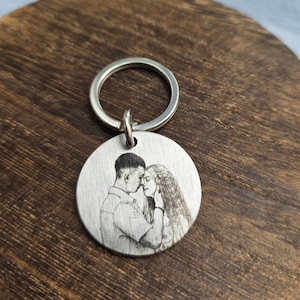 Peut inclure: Un porte-clés circulaire en métal argenté présentant une illustration détaillée gravée au laser en noir représentant deux personnes face à face dans une pose intime. Le pendentif rond est fixé à un anneau fendu en métal argenté standard.