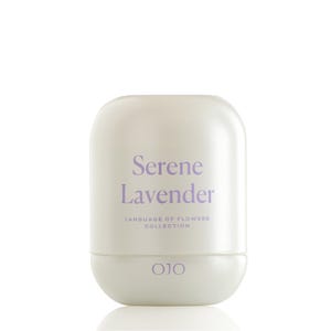 May include: A white, rounded rectangular container with a light purple label that reads "Serene Lavender" and "Language of Flowers Collection." The container has a two-part design and the brand name "OJO" is printed at the bottom.