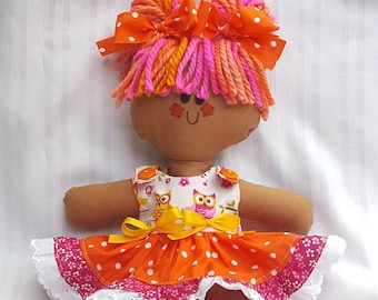 LillieGiggles Brown Baby Rag doll named Wise Willa  12" cloth rag doll