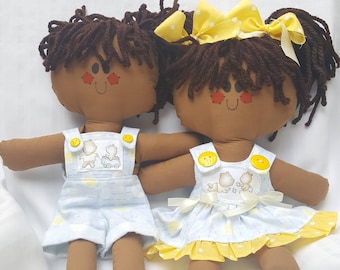 LillieGiggles  Brown Baby Rag Dolls named Stephanie and Stephen Boy and Girl Handmade  stands 12"