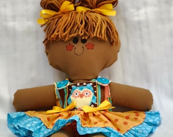 LillieGiggles Brown Baby Rag doll named Wise Justice doll  12" cloth rag doll