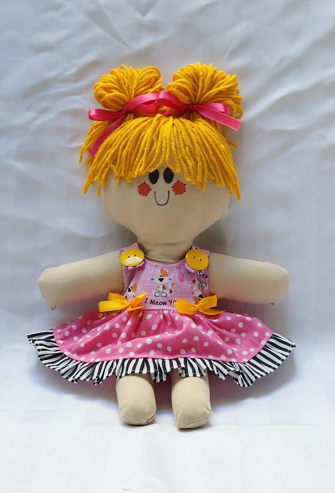Handmade Rag Doll: Pink Polka Dot Dress, Cat Theme, 12
