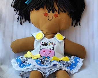 LillieGiggles Brown Baby Rag Doll chiamata Cow Girl Handprinted Art Doll 12" bambola di stoffa