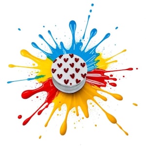 May include: A white, round product with red heart-shaped designs, set against a backdrop of colorful paint splatters in blue, yellow, and red. The product appears to be a PopSocket or similar phone accessory.