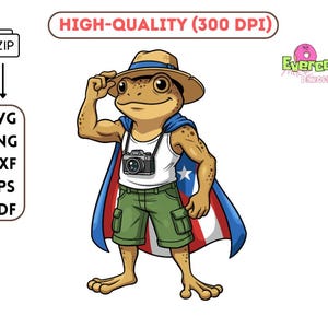 Pode incluir: Um personagem de sapo de desenho animado usando chapéu, capa e shorts, segurando uma câmera. O sapo é bronzeado com shorts verdes e uma capa com um design azul e vermelho. O texto inclui "HIGH-QUALITY (300 DPI)" e opções de tipo de arquivo: SVG, PNG, DXF, EPS, PDF.