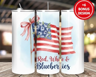 Red White & Blueberries Tumbler Wrap PNG | 20oz Skinny Sublimation Design | Patriotic USA Flag Cup Digital Download |  Instant Download