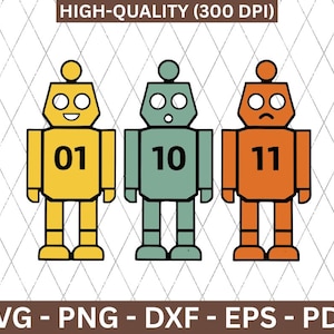 Może przedstawiać: Trzy kolorowe ilustracje robotów z różnymi wyrazami twarzy i numerami: 01, 10 i 11. Roboty są żółte, turkusowe i pomarańczowe, z czarnymi konturami. Obraz zawiera tekst "HIGH-QUALITY (300 DPI)" i opcje typu pliku.
