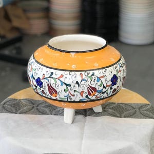 Handmade Ceramic Pot with Ottoman Floral Pattern – 8.3” Wide Orange Vessel with Tripod Feet