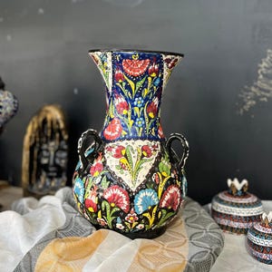 Handmade Turkish Ceramic Vase – 12” Tall, Double Handle, Floral Motif Decor