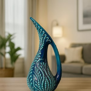Op de afbeelding: Een blauwe keramische vaas met een gebogen tuit en handvat. De vaas heeft een gedetailleerd, verhoogd turquoise bladerpatroon. De vaas staat op een houten tafel, met een vage achtergrond van een woonkamer.