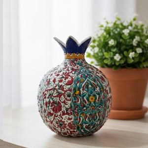 Handmade Red Glazed Ceramic Pomegranate Sculpture: Boho Rustic Decor