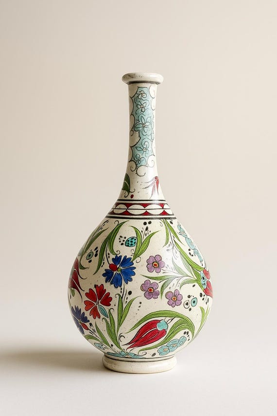 アンティークのイズニック陶器の花瓶：手描きのトルコの花柄陶器、30