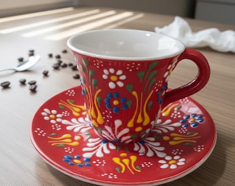 Handmade Turkish Ceramic  Espresso Set, Hand-Painted Ceramic Cups
