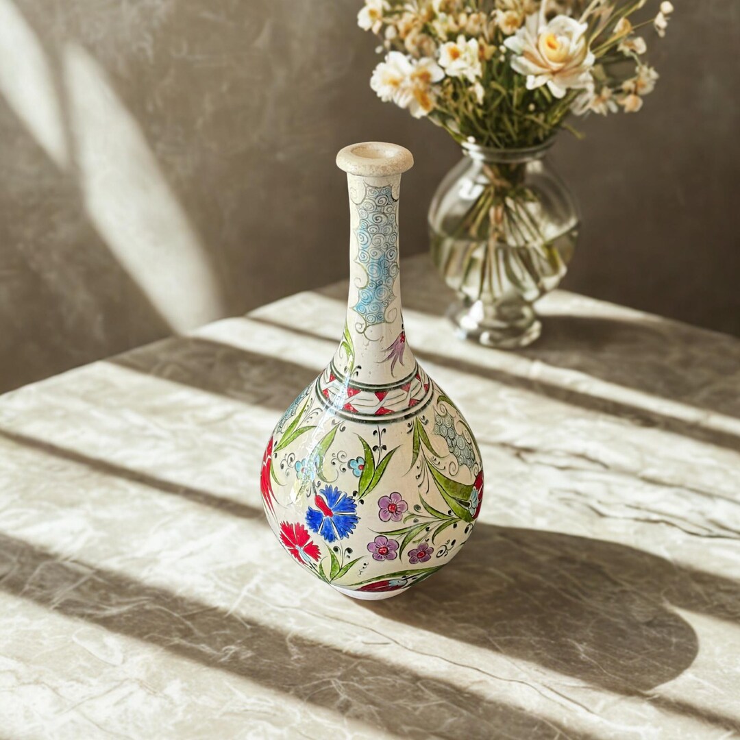 アンティークのイズニック陶器の花瓶：手描きのトルコの花柄陶器、30