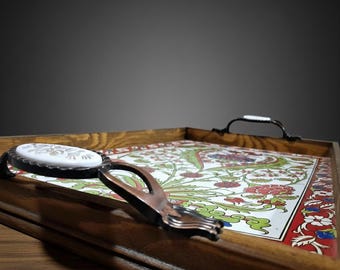 Hand Painted Ceramic Tray with Wood Frame, Turkish Tile Serving Coffee Tea Tray