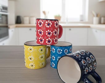 Handmade Turkish Ceramic Coffee Mug, Hand-Painted Ceramic daisy pattern Tea Cup
