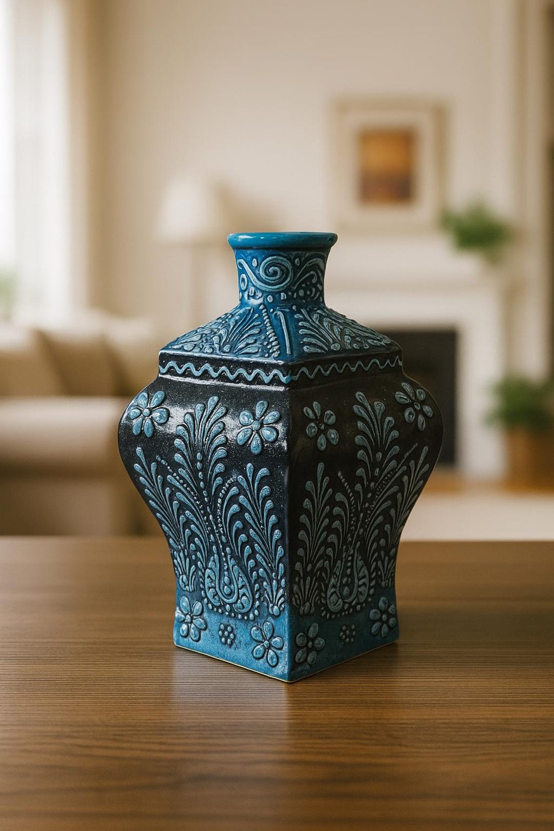 花瓶アンティーク　トルコ 手作りのトルコ陶器瓶花瓶：ターコイズブルーのレリーフ装飾 - Etsy 日本