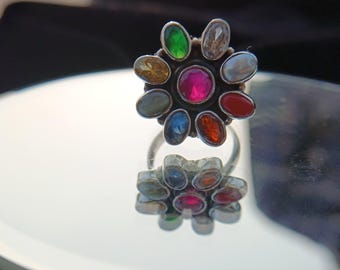Navratna Gemstone Ring, Sterling Silver Floral Design, Hindu Jewelry