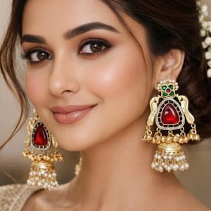 Handmade Gold-Plated Jhumka Earrings, Ruby Pearl Ethnic Indian Jewelry
