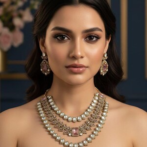 Indian Polki Jewellery Set – Traditional Multi-Layered Necklace  Drop Earrings for Weddings, Festivities & Cultural Celebrations