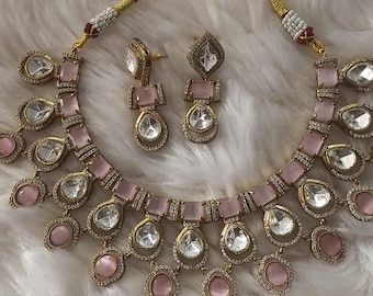 Conjunto de collar rosa/Conjunto de joyería Kundan/Conjunto Tika/Conjunto de joyería india, joyería de Bollywood, conjunto de boda, joyería punjabi