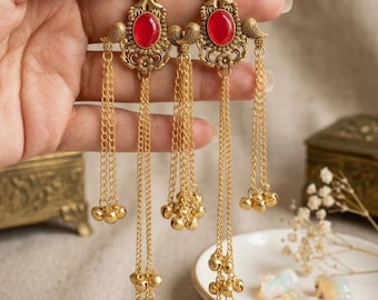Pendientes Jhumka de Cachemira: chapados en oro, perla y ghungroo, joyería india festiva