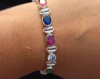 Handmade Sterling Silver Navratan Gemstone Bracelet, Astrology Jewelry