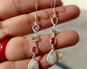 Pink & Green Tourmaline Drop Earrings - Handcrafted Sterling Silver Dangle Jewelry for Elegant Occasions  Gifts